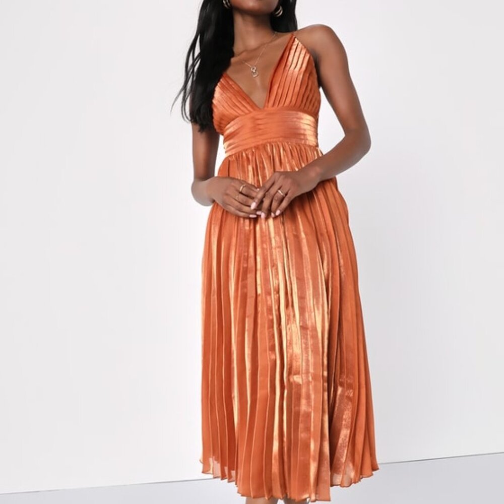 Lulus Romantic Aesthetic Shiny Rust Orange Pleated Midi Dress - Size L